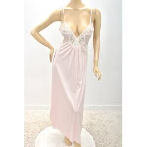 Vintage Long Nightgown S M Slinky Nylon Pink Lace Trim USA Val Mode Slinky Sexy